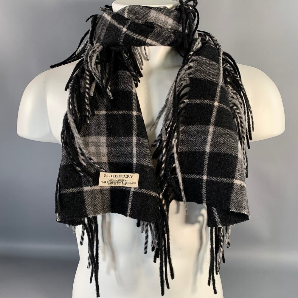 BURBERRY Black Grey Plaid Cashmere Fringe Trim Scarf - Picture 1 of 2